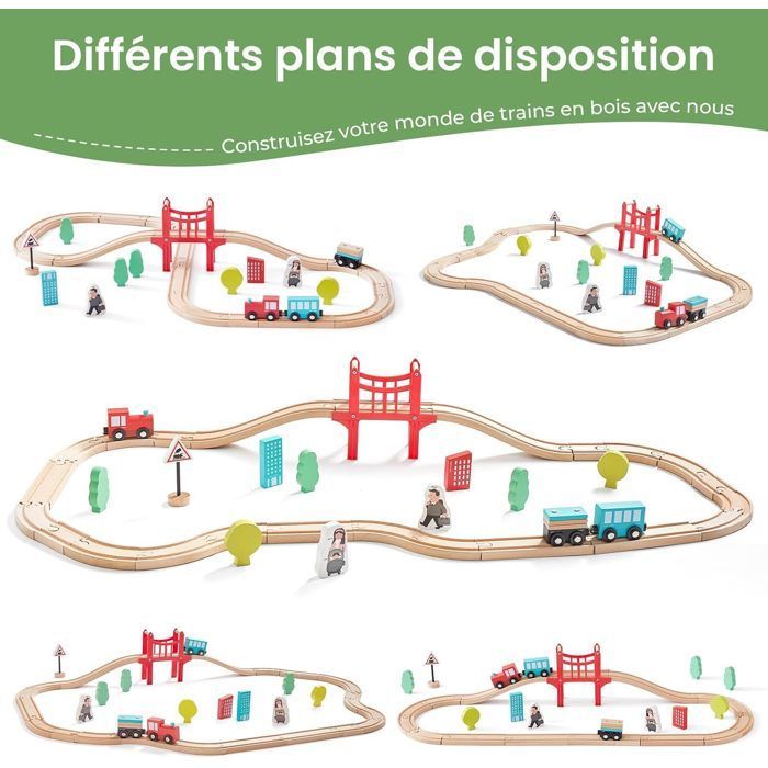 Tren de juguete de madera - 39 piezas - Con vías, puente y vehículos para niños de 3 a 6 años - Compatible con otros trenes