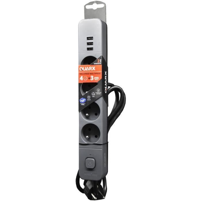 Multipresa - QUARX - 4 prese - Con 3 porte USB, cavo da 1,5 m