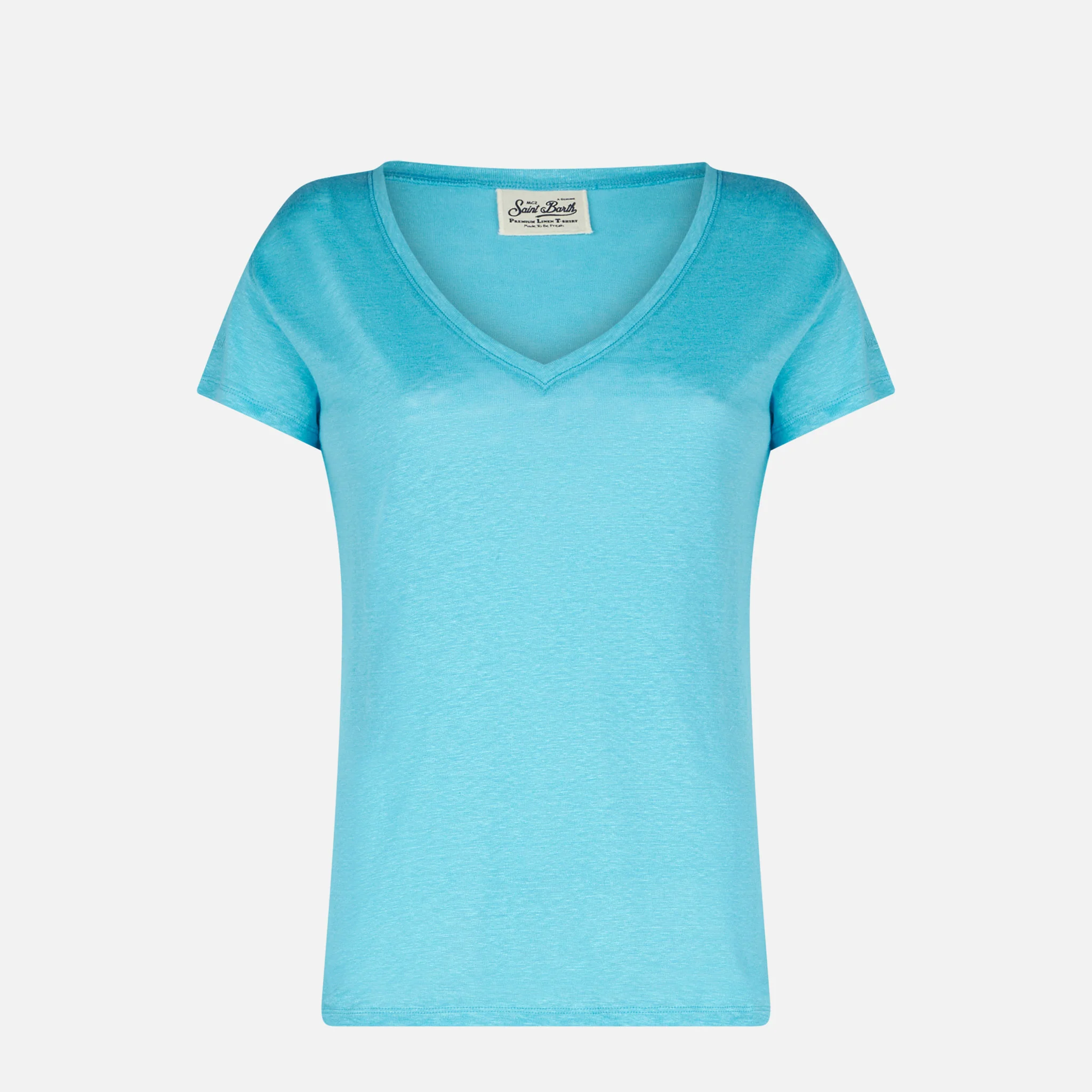 Turquoise linnen dames T-shirt