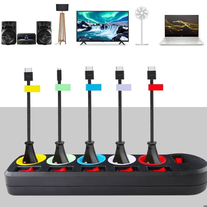 Régua de tomadas FISHTEC Schuko com 5 saídas + 2 portas USB, tomadas com código de cores e interruptores individuais, 3680W, cabo de 180cm.