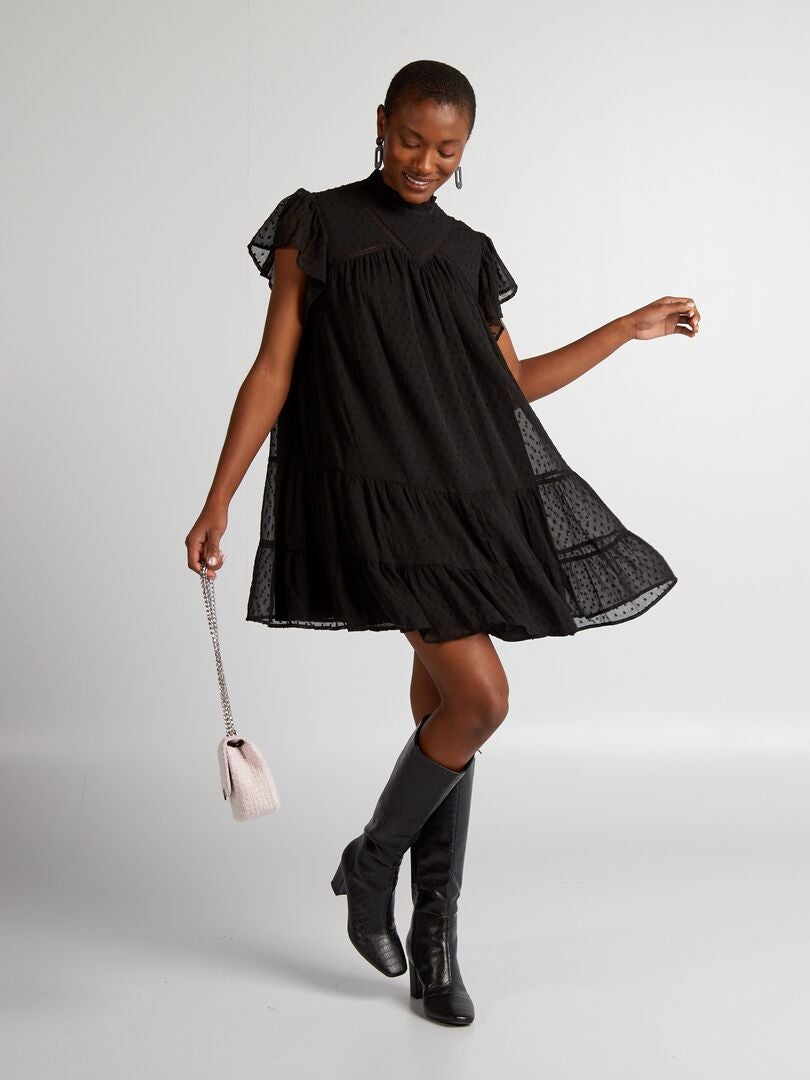 Vestido Plumetis con volantes - Negro