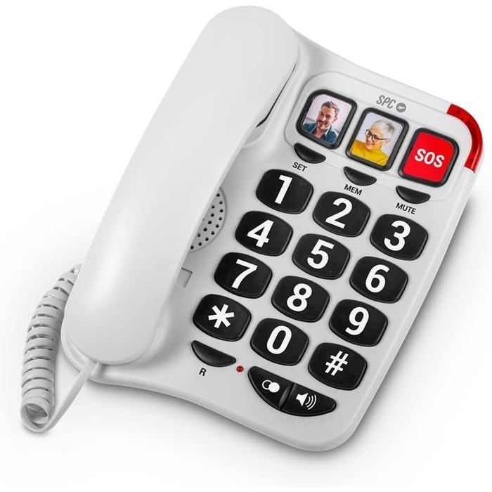 Telefono fisso pensato per gli anziani - SUTEO - Tasti grandi - 3 memorie di chiamata rapida con foto - Volume extra alto