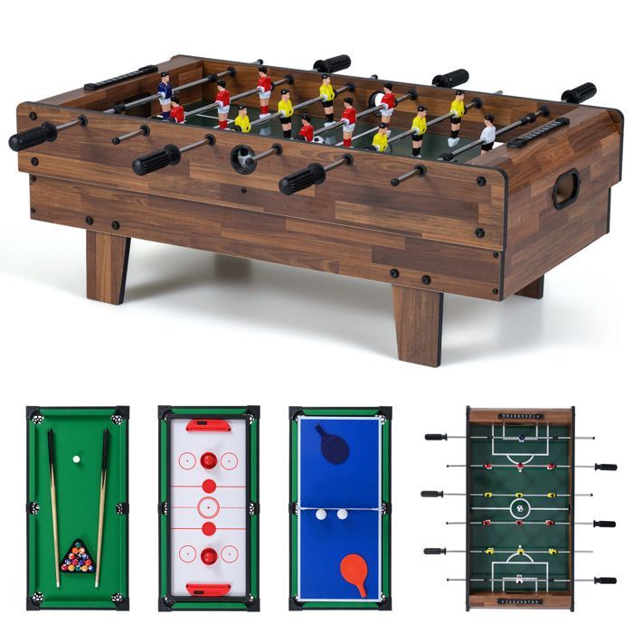 Table de Baby-foot 4 en 1 COSTWAY-Billard,Ping-Pong,Hockey-Accessoires Complets-Plateau Empilable-81 x 43 cm-Maison,Bar-Marron