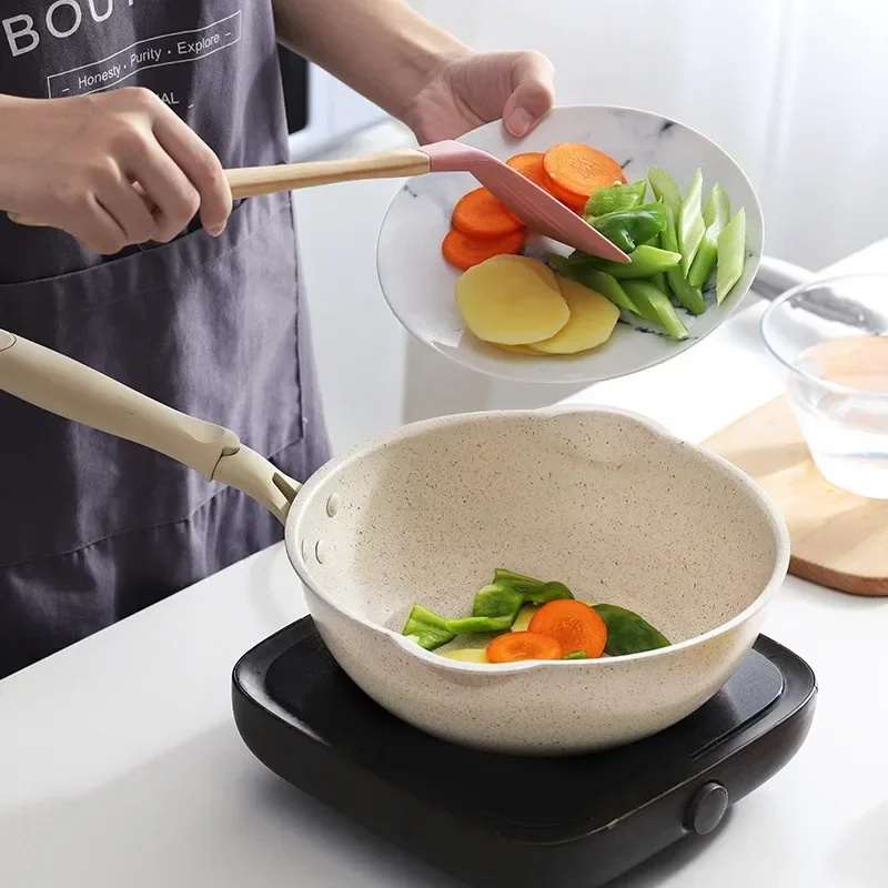 Wok en pierre Maifan, 20 cm, 24 cm, 26 cm, 28 cm, antiadhésif, avec couvercle, compatible avec les plaques à induction, ustensiles de cuisine.