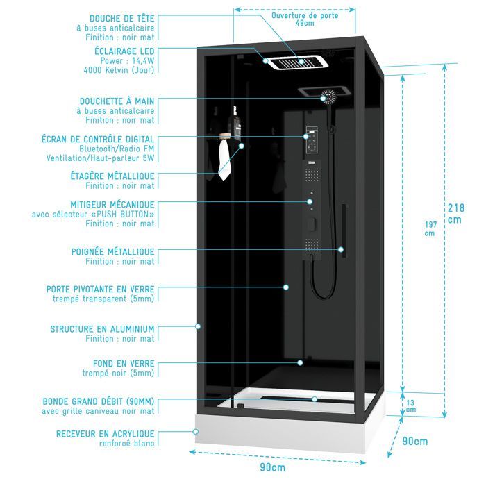 Mampara de ducha cuadrada Hydro de 90x90x218 cm - Puerta abatible - Panel trasero y perfiles en negro mate