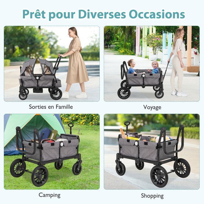 COSTWAY Folding Twin Double Stroller - Adjustable Handle - 2 Removable Canopies - Window with Flap - 30kg Meal Tray - Grey