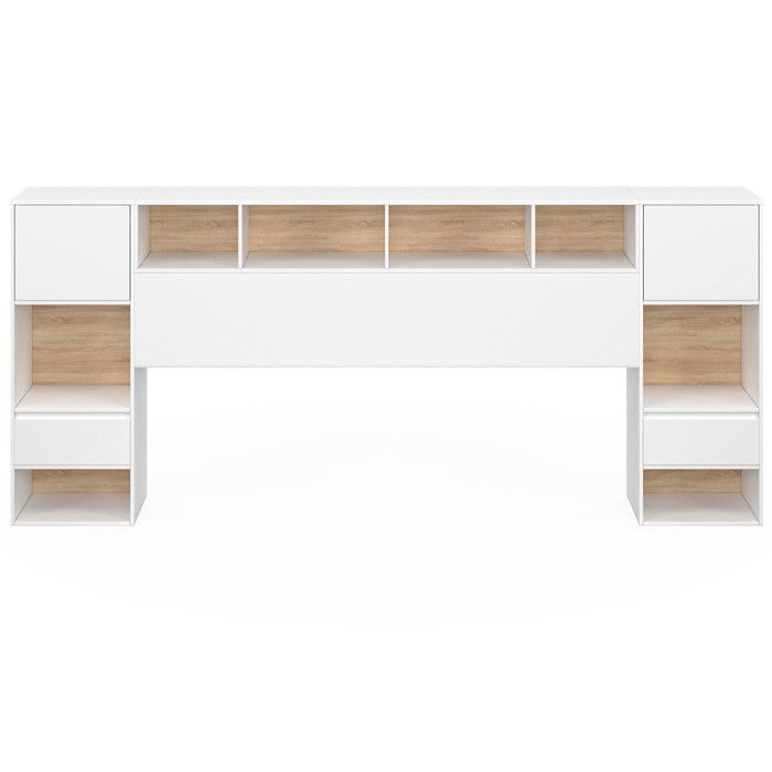 Cabecero independiente IDMARKET CAMPHA de 240 cm con mesitas de noche, cajones, armarios y nichos en madera y blanco.