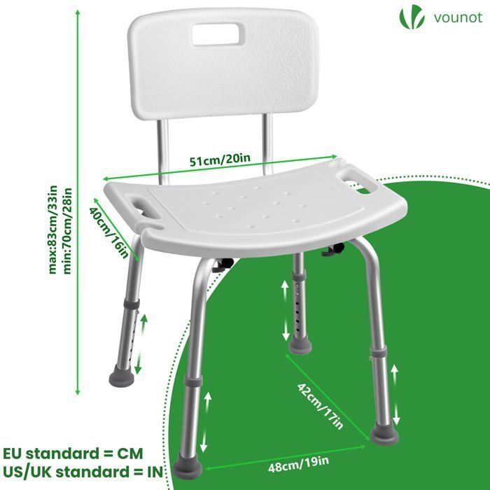 Silla de ducha VOUNOT® con respaldo ergonómico - Altura ajustable - Patas antideslizantes - Asiento de aluminio y HDPE - Blanca