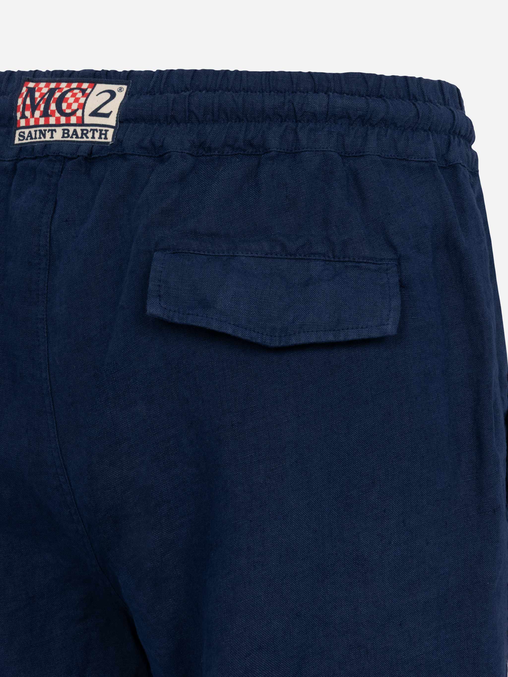 Herenbermudashorts van linnen in marineblauw, elastische tailleband, trekkoord, utility-zak, achterzakken met knoopsluiting, merklabel | MC2 Saint Barth