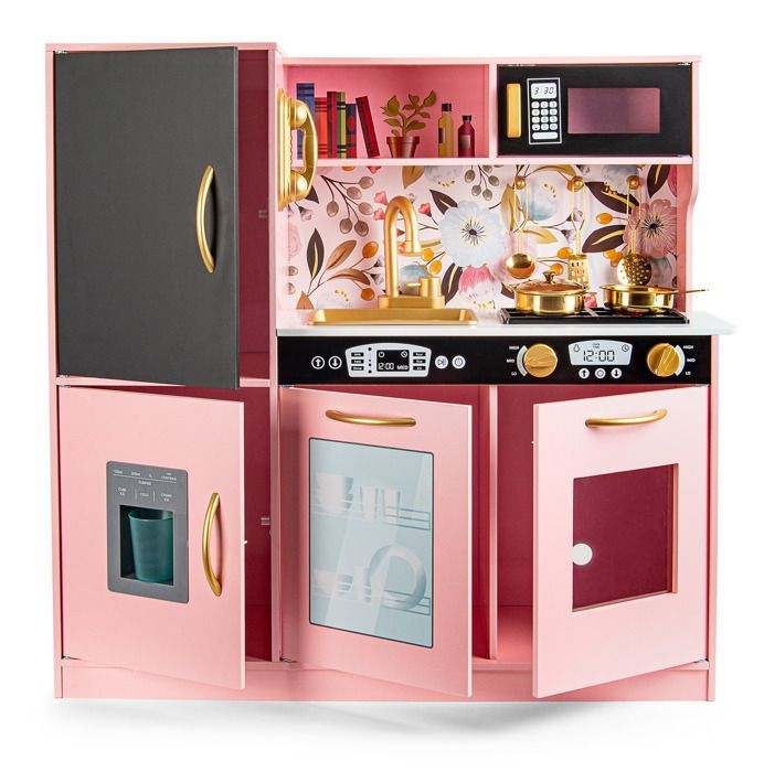 MEMO Roze Houten Keuken voor Kinderen: Realistische Licht- en Geluidseffecten, Gouden Accessoires! Leuk en leerzaam!