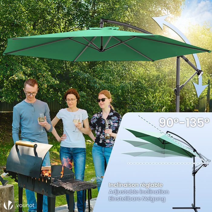 Sombrilla voladiza VOUNOT® 3M verde - Rotación de 360° - Inclinación ajustable - Manivela anti-retroceso - Funda protectora