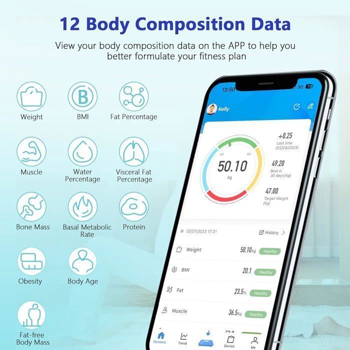 Körperanalysewaage – LED-USB-Waage von CONRIDEL – Bluetooth-fähige App – 26 Körperdatenpunkte für iOS und Android