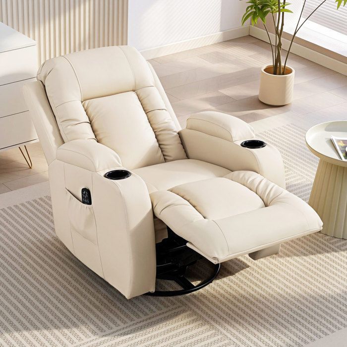 Fauteuil inclinable - HOMCOM - massage et chauffage - dossier réglable, pivotant 360°, repose-pied - PU - 82x99x103cm - crème