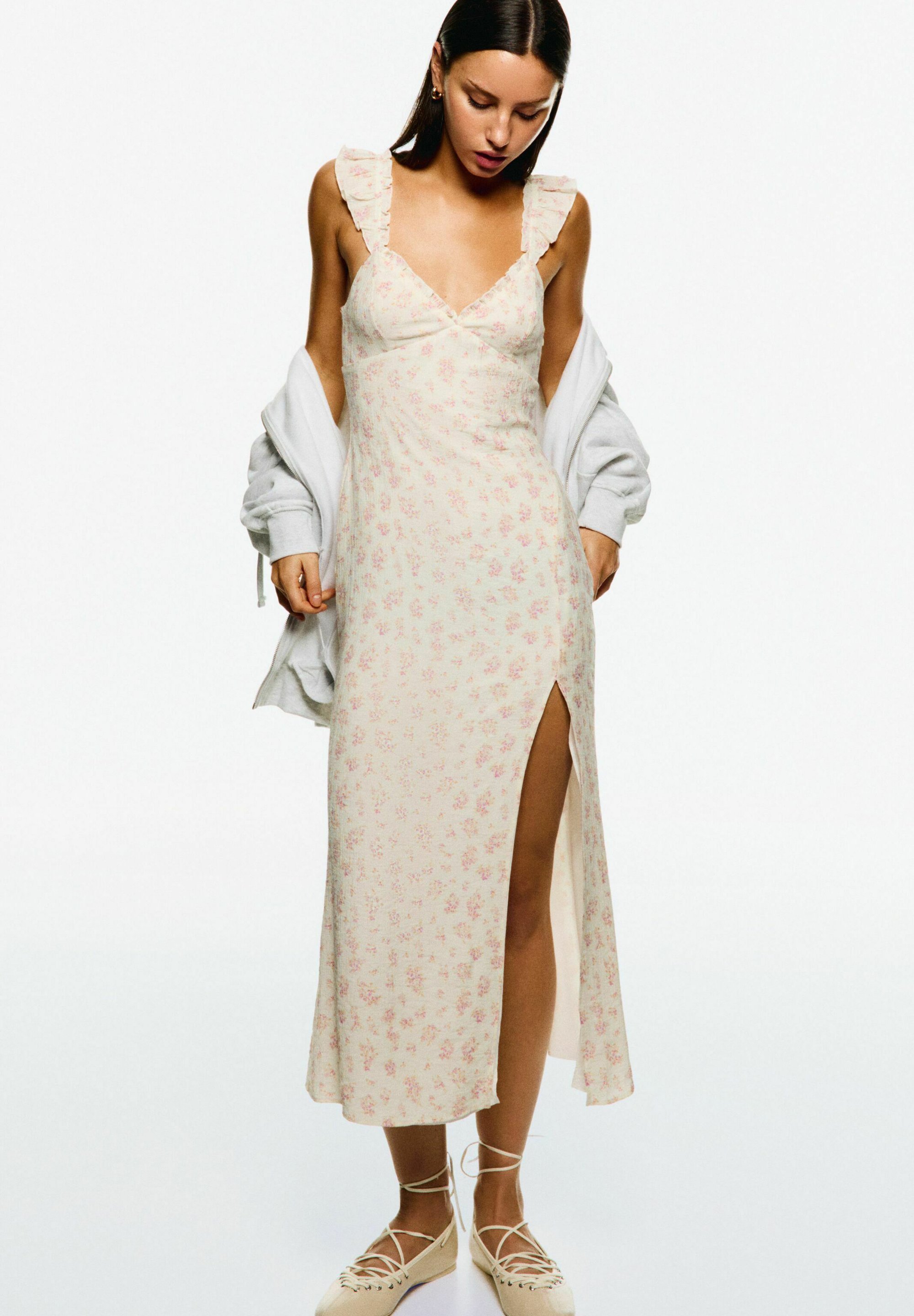 Bershka getextureerde en bedrukte midi-jurk - dagjurk - beige