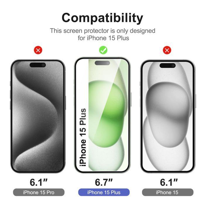 6-delige set: 3 x gehard glazen schermbeschermers voor iPhone 15 Plus (6,7 inch) en 3 x achtercamerabeschermers - Eenvoudige installatieset