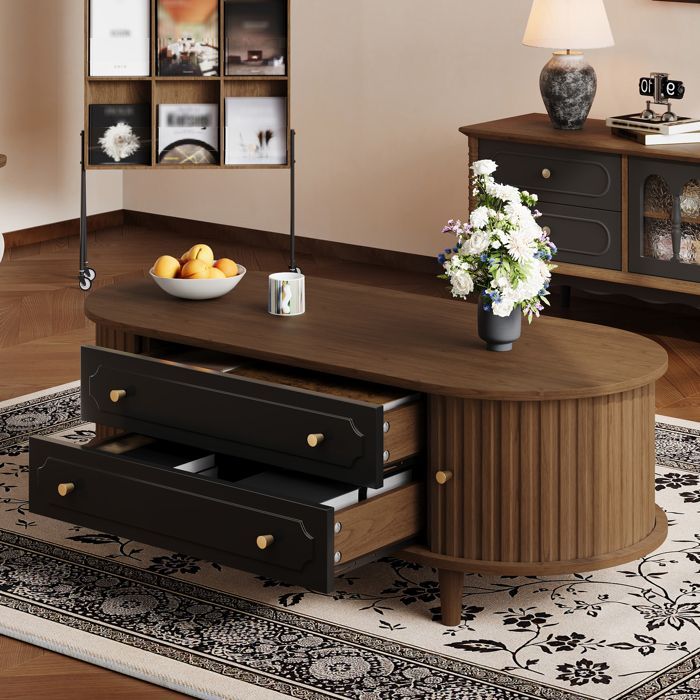 Table basse moderne avec deux tiroirs 100 x 50 x 36 cm Table de salon à 4 pieds avec porte coulissante Noyer et Noir