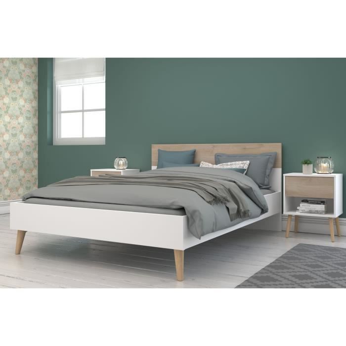Ensemble Lit 140 x 190 cm + 2 chevets - AALBORG - Scandinave - Blanc / Chêne - PARISOT
