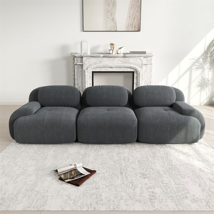 Sofá modular DRIPEX de 3 lugares em veludo cotelê, sem necessidade de montagem, com apoios de braço ergonômicos, totalmente comprimido, cinza.
