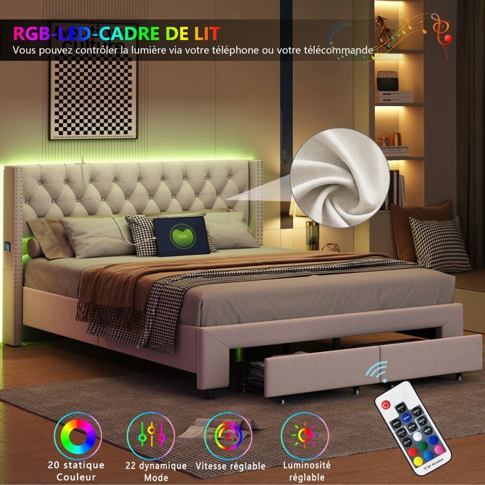 Volwassenenbed 140x190 cm - COZY - LED - fluwelen stof - lattenbodem - lade - bedframe 140x190 cm - beige