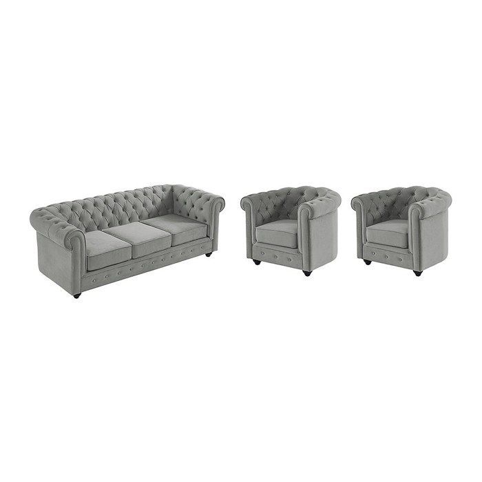 Sofá de 3 plazas y 2 sillones CHESTERFIELD - Terciopelo gris claro