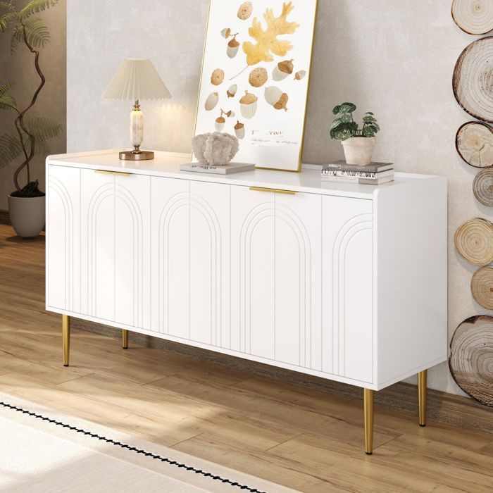 Aparador moderno blanco de 140 cm, mueble de comedor con espacio de almacenamiento y 4 puertas, estantes ajustables, patas de metal dorado.