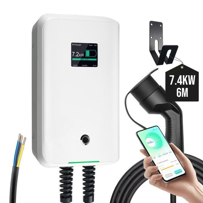 Estación de carga mural monofásica para vehículos eléctricos Morec APP de 7,2 kW y 32 A con conexión Bluetooth/WiFi y cable tipo 2.