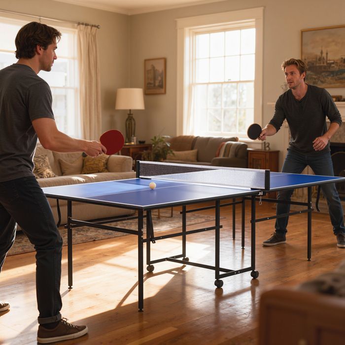 Table de tennis de table - SPORTNOW - ping-pong pliable compacte 4 roulettes intérieur - bois - 274x152,5x75,5cm - bleu