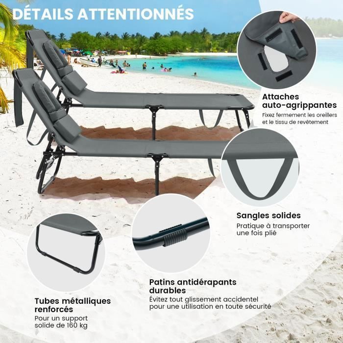 Lettino prendisole pieghevole COSTWAY, regolabile in 5 posizioni - Poggiatesta e foro per il viso, per patio, campeggio, portata massima 160 kg, grigio