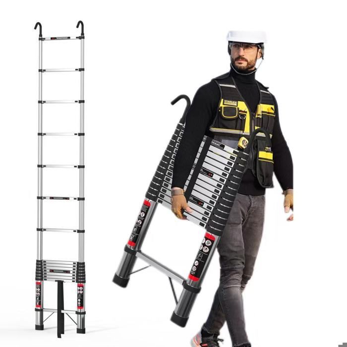 The 4.4-meter telescopic ladder is foldable, has 2 hooks, is a multi-purpose ladder, and has a maximum load capacity of 150 kg.
