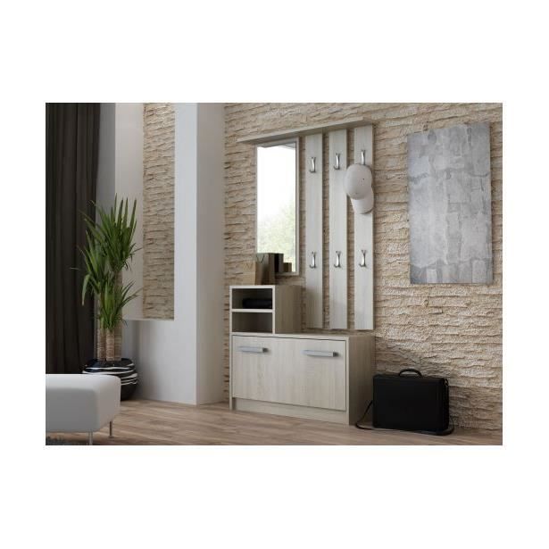 VITTORIA - Meuble d'entrée contemporain 6 crochets/miroir/2 niches/rangement chaussures 180x85x24 - Vestiaire - Porte manteau
