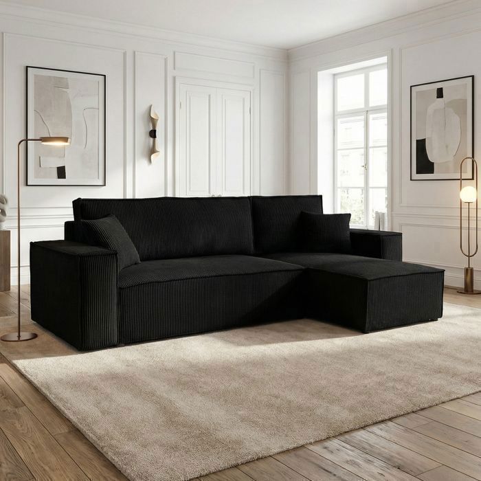 Canapé d'angle LISA convertible réversible coffre velours côtelé noir anthracite