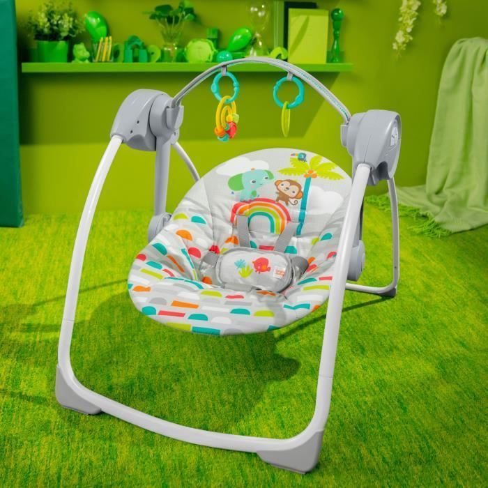 BRIGHT STARTS Transat bébé Balancelle électrique pliable – Animaux, 6 vitesses balancement, cadeau bébé