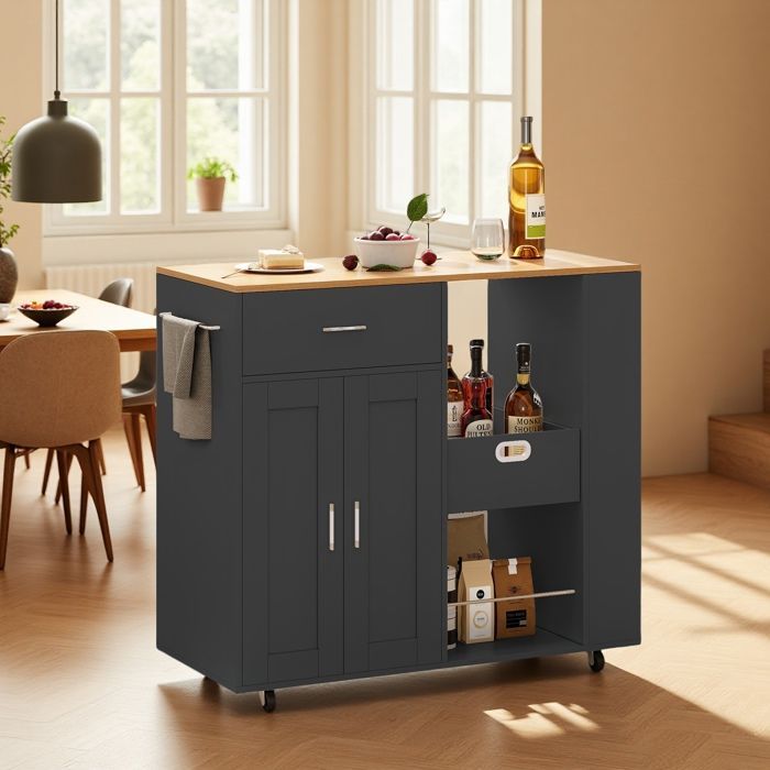 Desserte de Cuisine - Îlot à Roulettes - 102x46x92 cm - 2 Portes - 1 Tiroir - Noir