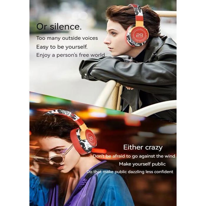 Cuffie LED wireless Bluetooth pieghevoli – Auricolari con cancellazione del rumore, bassi profondi, batteria a lunga durata, ideali per gaming/TV/sport, colore rosso