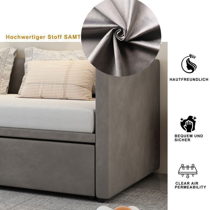 90x200cm Extendable bed frame in grey velvet with slatted base, extends up to 180x200cm, sofa bed, without mattress