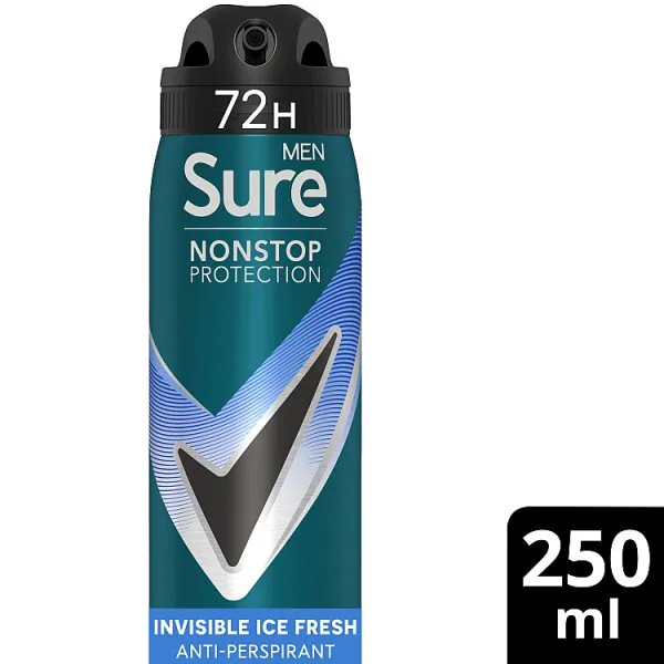 Deodorante antitraspirante Sure Men in formato aerosol, non-stop, invisibile, ghiaccio, 250 ml
