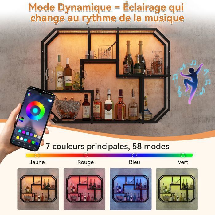 Estantería de pared PULUOMIS con iluminación LED RGB, 5 niveles de almacenamiento, estante flotante para juegos, sala de estar, cocina, 85 cm
