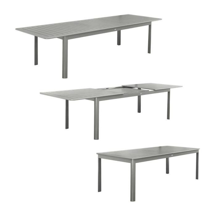 Mesa de jardín extensible de aluminio + 10 asientos de aluminio y textilene color caqui. 8 sillas. 2 sillones. 10 asientos. 290 x 100 x 75 cm