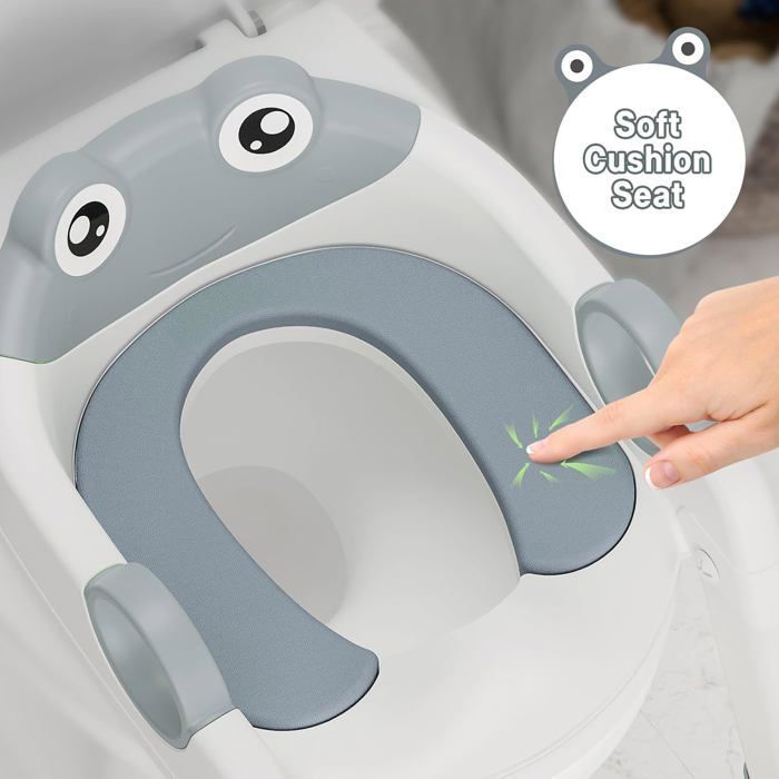 Child's Toilet Seat Reducer with Step, Cushion - Foldable Toilet Seat, Adjustable Height for Boys and Girls - From 1 Year Old, Grey