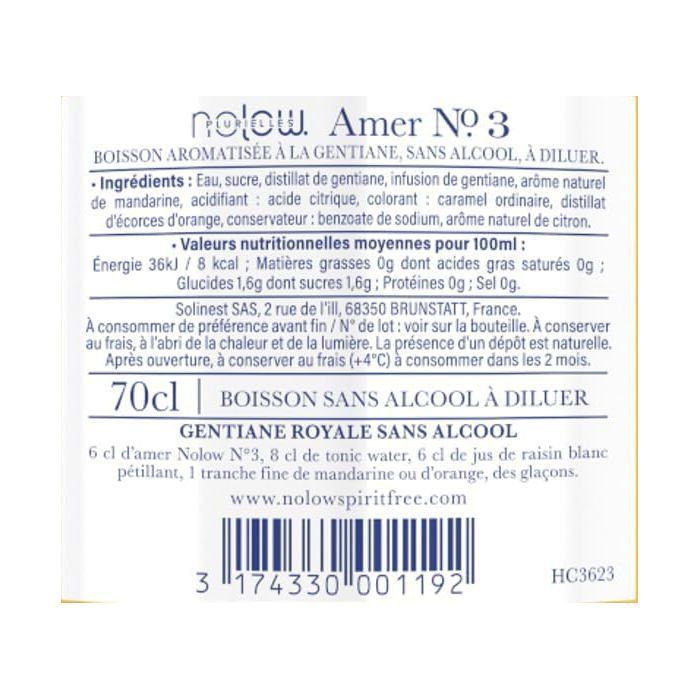 NOLOW N°3 Distillat Amer Sans Alcool 70cl - Gentiane & Orange - Idéal Cocktails Negroni/Spritz