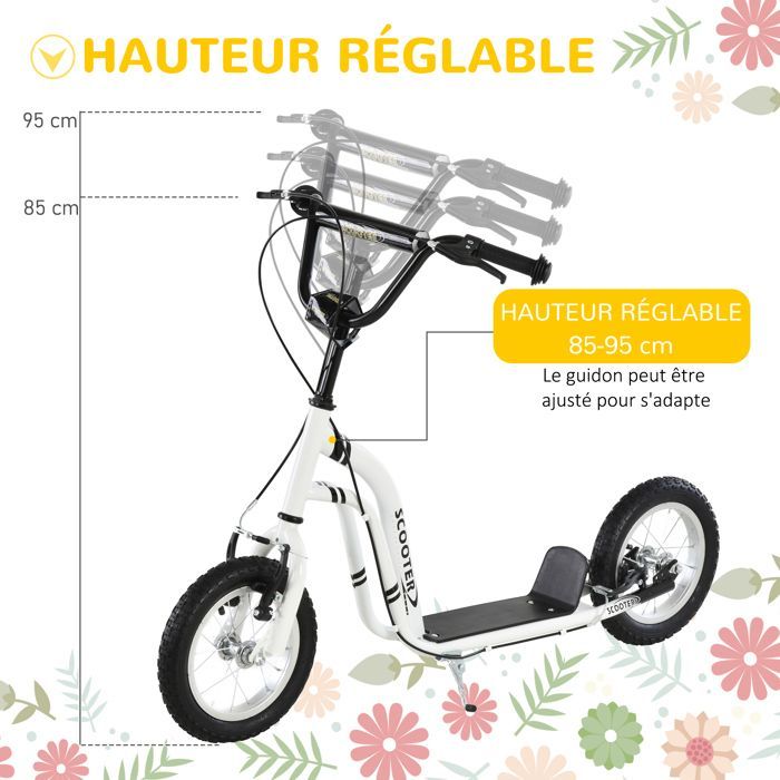 Patinete infantil - HOMCOM - Neumáticos de goma de 12 pulgadas, capacidad de carga de 100 kg, todoterreno, frenos dobles ajustables - blanco