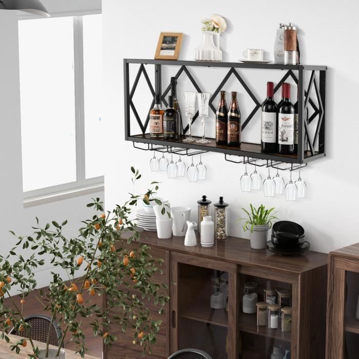 COSTWAY Étagère à vin Murale Industrielle pour 39 Bouteilles avec Porte-Verre à Pied, Casier à Bouteilles 2 Niveaux pour Cuisine