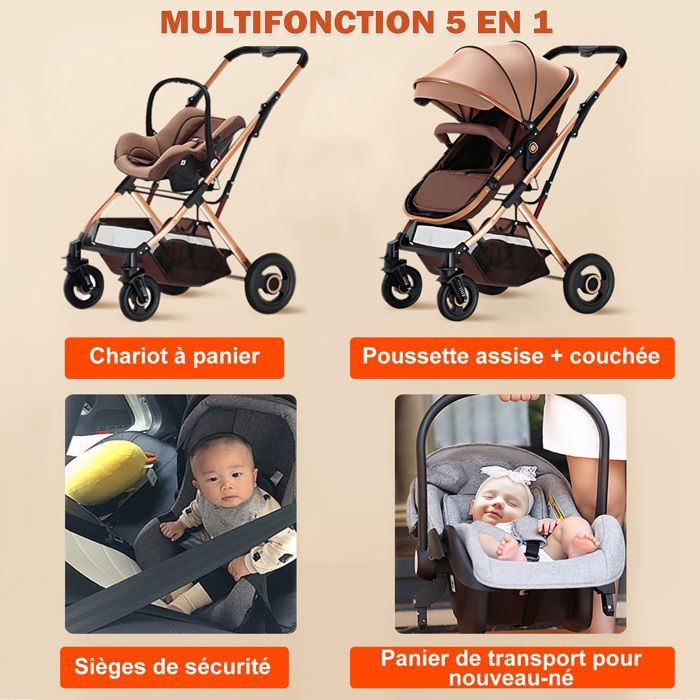 Cochecito de bebé KITYTETY 3 en 1 - Con capazo/silla de coche 0+/cochecito reversible - Hasta 20 kg - Desde el nacimiento - Caqui