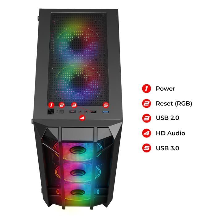 Boîtier PC Gamer - SPIRIT OF GAMER - REBEL NX DARK - Noir - 4 Ventilateurs ARGB - Compatible ATX
