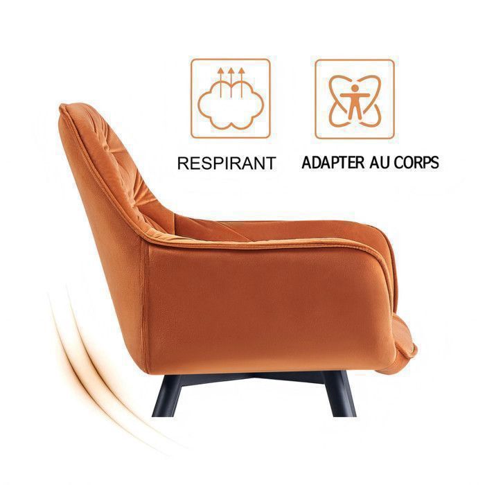Set di 4 poltrone AINPECCA in velluto arancione con braccioli, schienale comfort a nido d'ape, struttura in metallo, portata massima 120 kg.