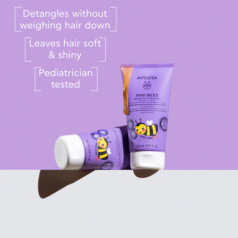 Condicionador infantil suave Apivita Mini Bees, mirtilo e mel.