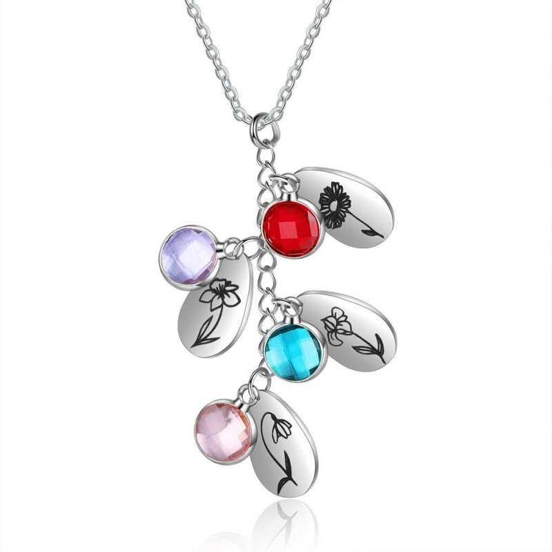 JewelOra - Pendentif de naissance personnalisé - Bijou floral - Collier en forme de goutte d'eau avec pierre de naissance (1 à 5) - Cadeau idéal pour femme