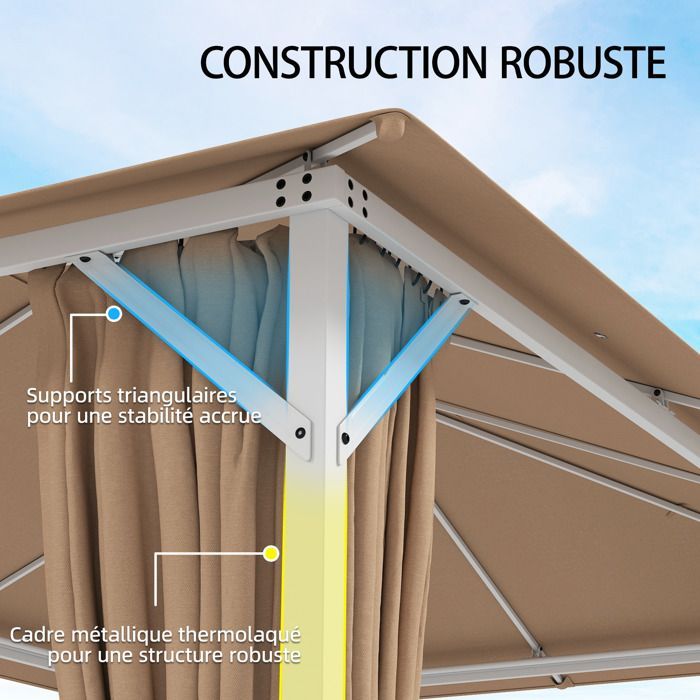 Tonnelle de jardin - pavillon - structure stable en métal 60mm UV50+ et 10 trous de drainage - polyester - 394x294x255cm - khaki