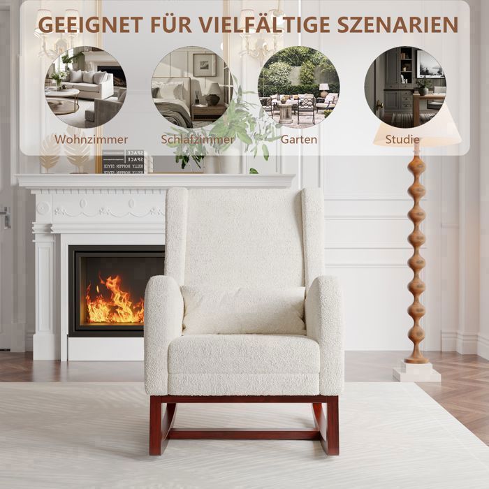 Fauteuil à Bascule - SOMUBI - Rocking Chair - Laine d'Agneau - Bois Massif - Scandinave - Blanc
