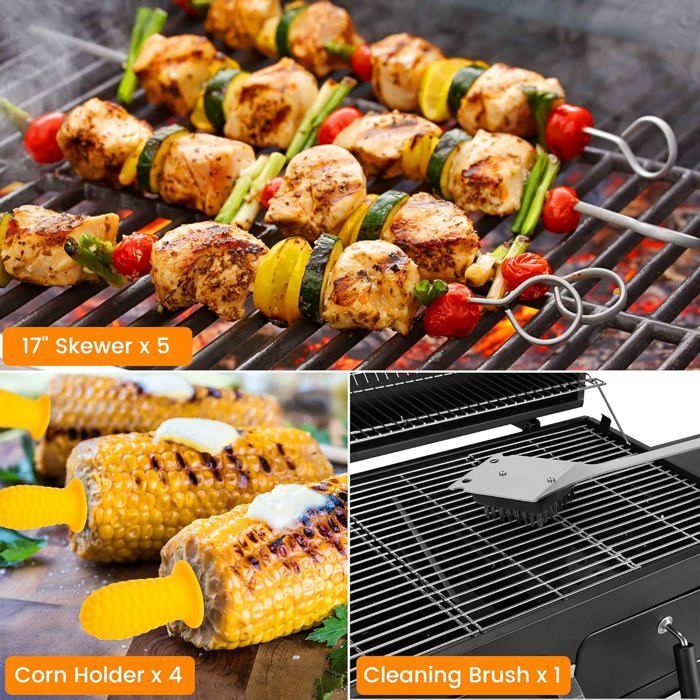 Accesorios de acero inoxidable para barbacoa - FEBEST - Espátula 4 en 1 - Tenedor - Pinzas para barbacoa - Brochetas